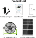 12'' Solar Powered Floor Fan Rechargeble,18000mAh Battery Operated Fan 5-Blade Solar Portable Outdoor Fan 360° Tilt for Outside, Greenhouse, Camping, Shed
