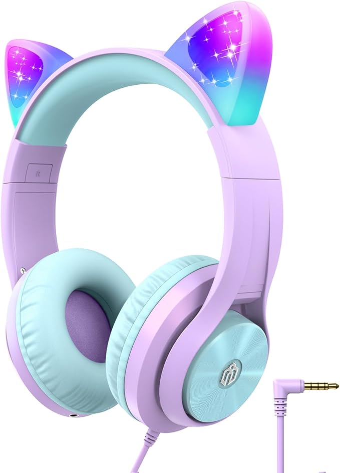 iClever Cat Ear Led Light Up Kids Headphones with Microphone, HS20 Wired Headphones -Shareport- 94dB Volume Limited, Foldable Over-Ear Headphones for Kids/School/iPad/Tablet/Travel (Medium, Purple)