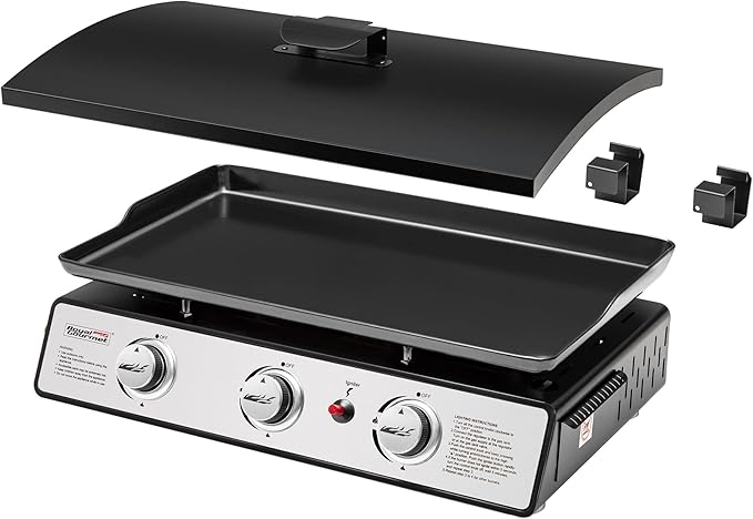 Royal Gourmet PD2301S 3-Burner Tabletop Propane Gas Griddle with Hard Cover, 24 Inch Portable Griddle for Outdoor Cooking While Camping or Tailgating, Silver & Black