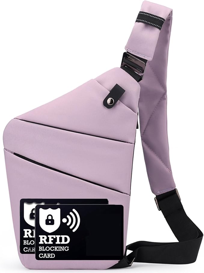 Anti Theft Crossbody Bags for Women Men, Multi-Pocket Shoulder Bag, Slim Sling Purse with 2 RFID Blocking Card (Right Shoulder-Purple)