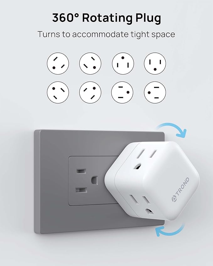 TROND Multi Plug Wall Outlet 2 Pack, 3 Way Outlet Adapter with 360 Rotating Plug, Cruise Ship Essentials, Small Wall Extender for Bathroom, Kitchen, Home, Office, Dorm