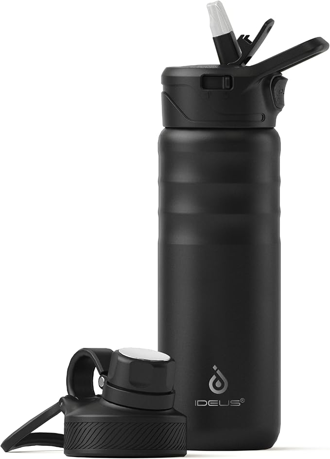IDEUS Insulated Stainless Steel Water Bottle with 2 Leak-Proof Lids, Thermal Water Flask for Hiking Biking, 24oz, Black