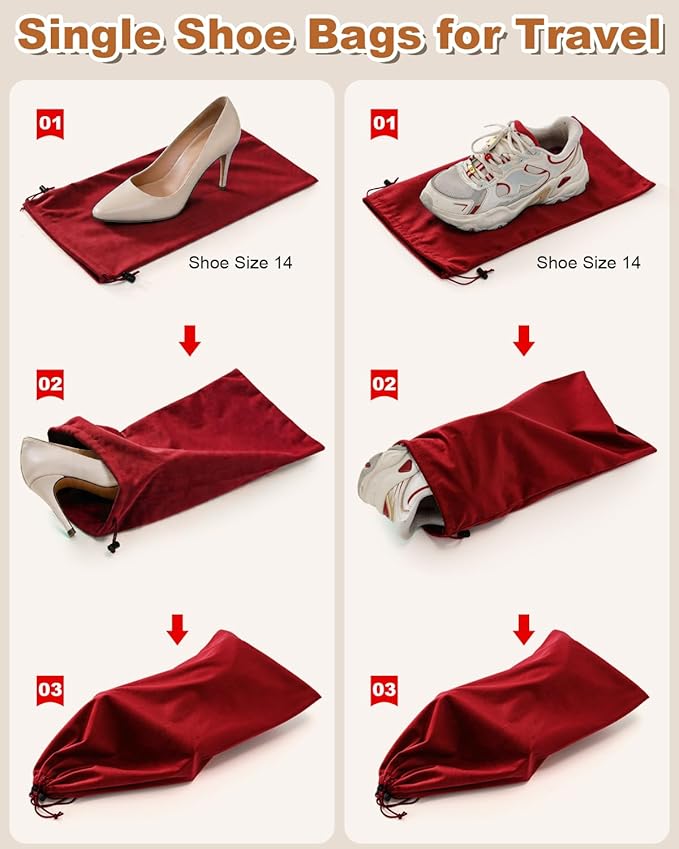 2 Pcs Single Shoe Bags for Travel, 17.3"x8.6" Washable Travel Shoe Bags for Packing in Suitcase, Velvet Dust Bag with Drawstring, Shoe Pouch for Women and Men, Travel and Home Storage (Rio Red)