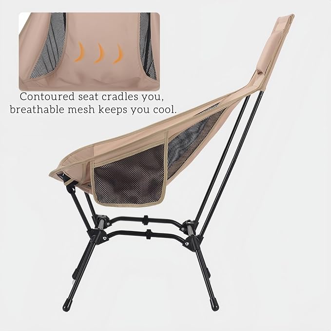 High Back Reclining Camping Chair - Oversized Folding Chair with Head Support, Widened Seat for Outdoor, Beach, Camp, Festivals (Khaki)
