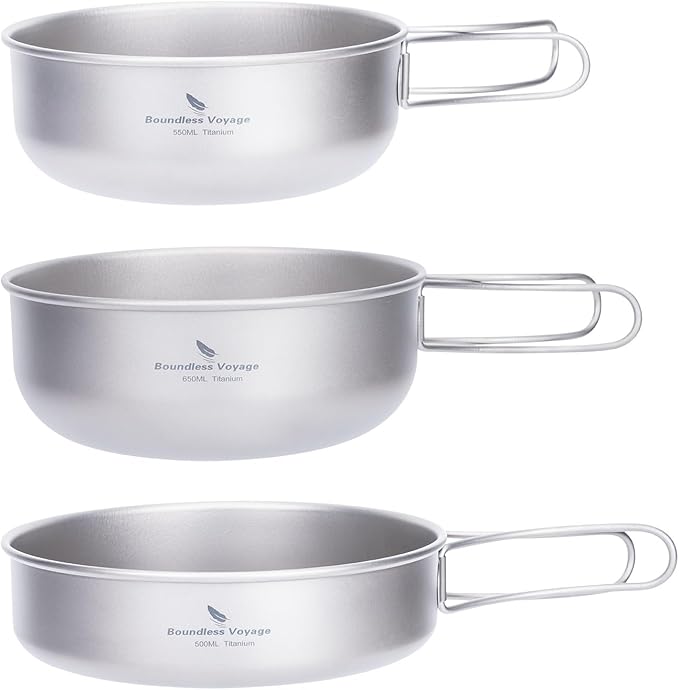 iBasingo 3-Piece Set Titanium Pot Set Camping Cooking Pan with Folding-Handle Outdoor Camp Cookware Pot Sets