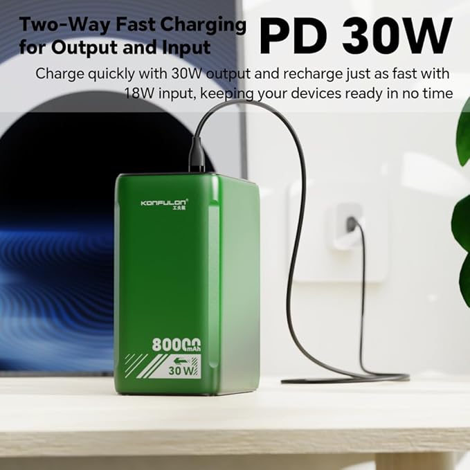 80000mAh High Capacity PD 30W Power Bank Fast Charging 22.5W Portable USB C Battery Packs with 5 Outputs & LCD Display Battery Bank for iPhone, Samsung, iPad ,Macbook & Outdoors Camping (GREEN)
