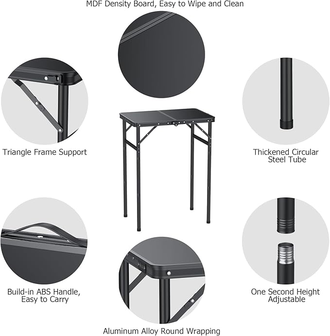 Folding Camping Table Portable Pinic Table 3 Level Height Adjustable Aluminum Alloy Small Foldable Camp Table Light Weight with Carry Handle for Outdoor Indoor Hiking Camp BBQ Beach