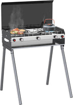 CAMPLUX 2 Burners & 1 Grill Propane Camping Stove, 15,000 BTU Portable Outdoor Propane Camping Grill Burner with Free Standing Legs, Auto-Ignition Gas Stove with Regulator, Black