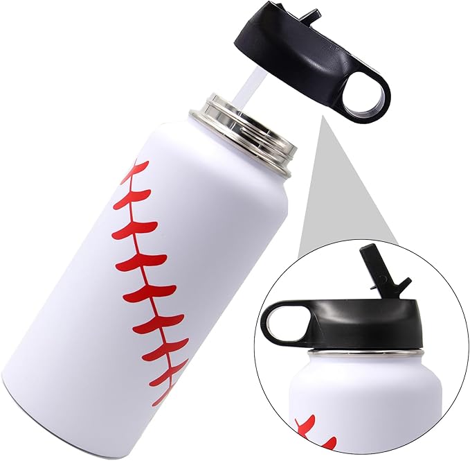 32 oz Baseball Water Bottle, Wide Mouth Sports Cup Flask Metal Travel Mug with 2 Lids, Stainless Steel Double Wall Vacuum Insulated Water Bottles, Baseball Accessories Gifts for Mom Men Fan Boys Girls