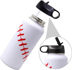 32 oz Baseball Water Bottle, Wide Mouth Sports Cup Flask Metal Travel Mug with 2 Lids, Stainless Steel Double Wall Vacuum Insulated Water Bottles, Baseball Accessories Gifts for Mom Men Fan Boys Girls
