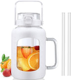 BLUEGO Water Bottle 64 oz Tumbler with Lid and Straw, Glass Water Bottle with Straw, Water Tumbler with Handle Half Gallon Water Jug Large Waterbottle for Daily Water Intake, BPA Free, White
