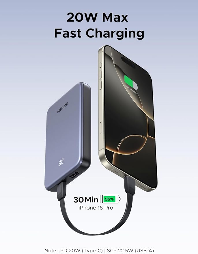 UGREEN Power Bank 10,000mAh 22.5W, Compact Portable Charger USB-C PD3.0 Travel Fast Charging Battery Pack with Digital Display for iPhone 17/16/15/14/13/12 Pro Max, Galaxy S25/S24 Ultra