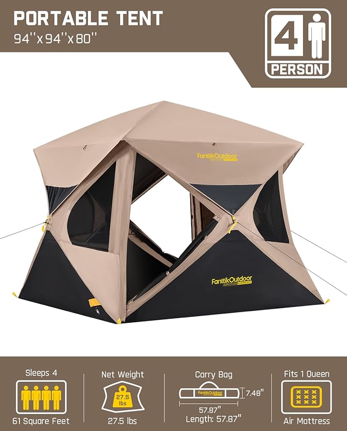 FanttikOutdoor Alpha C4 Ultra Camping Tent 4 Person Pop Up Instant Cabin Setup in 60 Seconds Portable Hub Tent with Rainfly & Windproof for Outdoor Camping & Overlanding