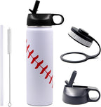 22 oz Baseball Water Bottle, Sports Cup Flask Metal Travel Mug with 2 Lids, Stainless Steel Double Wall Vacuum Insulated Leak Proof Water Bottles, Baseball Accessories Gifts for Mom Men Fan Boys Girls