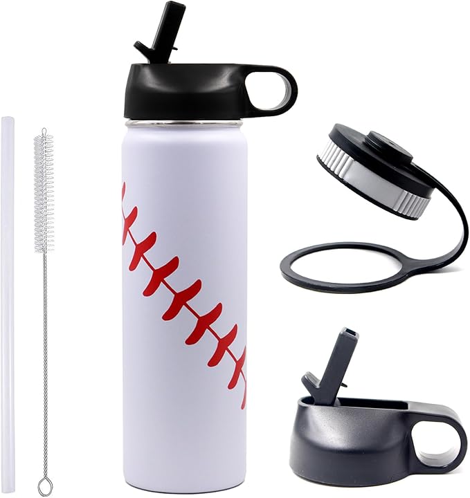 22 oz Baseball Water Bottle, Sports Cup Flask Metal Travel Mug with 2 Lids, Stainless Steel Double Wall Vacuum Insulated Leak Proof Water Bottles, Baseball Accessories Gifts for Mom Men Fan Boys Girls