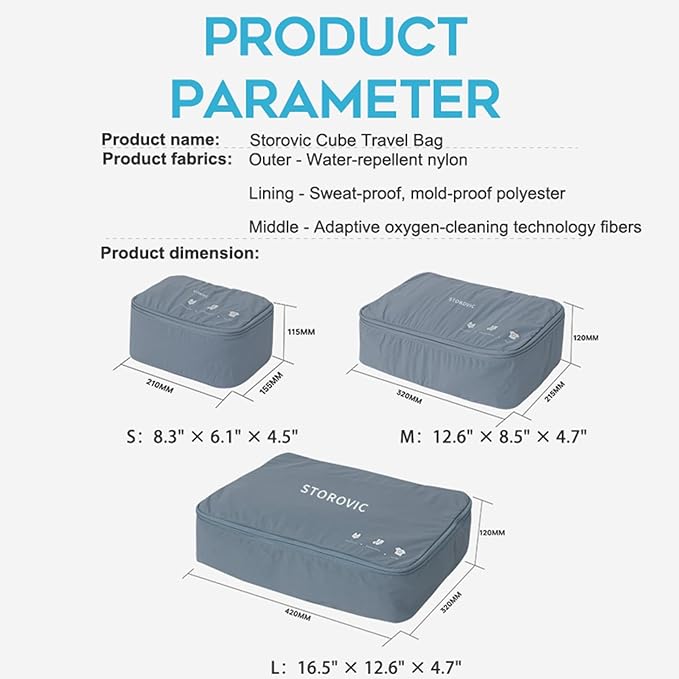 Packing Cubes for Travel Luggage Organizer Bags, Rapid-Odor-Elimination Sock & Underwear Cube, Water-Resistant Gym Bag, Soft Portable Packing Cubes for Travel（12.6” × 8.5” × 4.7”） M
