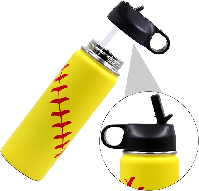 18 oz Softball Water Bottle, Sports Cup Flask Metal Travel Mug with 2 Lids, Stainless Steel Double Wall Vacuum Insulated Leak Proof Water Bottles, Softball Accessories Gifts for Mom Men Fan Boys Girls