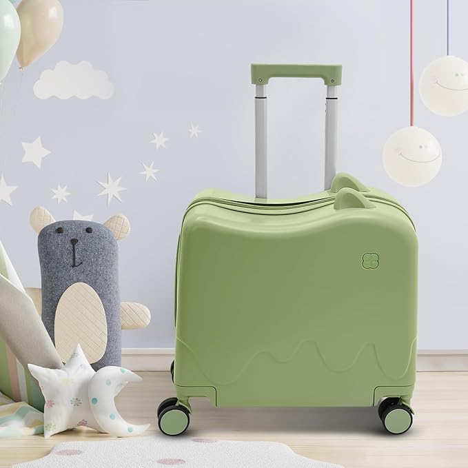 18 Inch Kid Ride On Suitcase, Ride-on Luggage with 4 Universal Wheels, Cute Lightweight Tow-Along Luggage with Password Lock, Rolling Luggage for Short Trips, School Trips, Outings (Olive green)