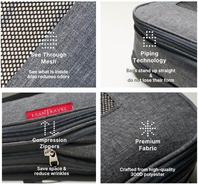 LeanTravel Premium Compression Packing Cubes for Travel - Suitcase Organizer Bags with Double Zipper & Breathable Mesh Panel - Space Saving Carry On Luggage Essentials (3-Pack, Grey)