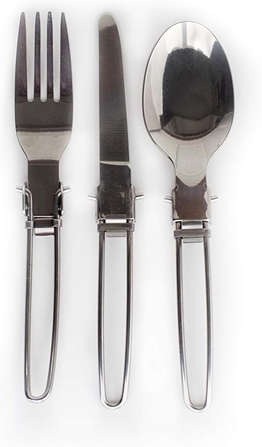 3-Piece Compact Camping Silverware & Utensil Set – Portable Cookware Kit for Hiking, Backpacking, Travel, BBQ & Grilling – Folding Reusable Stainless Steel Knife, Fork & Spoon in Tidy Black Bag