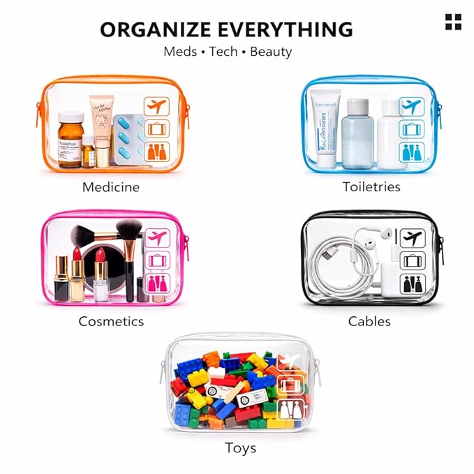 F-color TSA Approved Toiletry Bag 5 Pack Medium - Clear Makeup Bag Travel Quart Size for Women Men, Clear Cosmetic Bag Airport Airline Compliant Carry on Bag, 7.5×5.5×2.2", 5 Colors