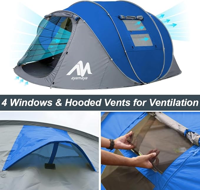 6 Person Easy Pop Up Tents for Camping - AYAMAYA Double Layer Waterproof Instant Tent with Vestibule & Porch, Large Size Family Tent Automatic Setup for 4-6 People Camping Hiking (Poles Included)