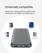 Belkin Portable Charger, USB C Power Bank 20000 mAh w/ 2 USB-A Ports, 15W w/A to C Cable - iPhone 17, Air, Pro, Pro Max, AirPods, Samsung Galaxy S25, iPad, Nintendo Switch 2, Google Pixel 10 - Gray