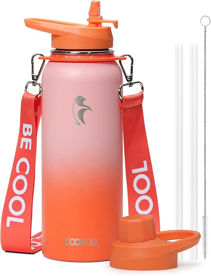 Coolflask Insulated Water Bottle with Straw, 40 oz Metal Water Flask with Straw & Spout Lids, Stainless Steel Double Wall Vacuum, Keep Cold 48h Hot 24h, Leak Proof & Non-BPA, Sunny Orange