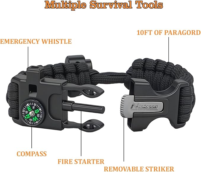 Paracord Survival Bracelet (3 Pack) - Adjustable with Fire Starter, Whistle, Compass - Survival Gear for Hiking, Camping, Fishing