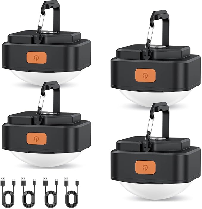 Rechargeable Camping Lights FLY2SKY 4Pcs Black Tent Lights Mini Flashlight Portable LED Camping Lantern Survival Gear Camping Accessories for Hiking Backpacking Fishing Hurricane Emergency Outage