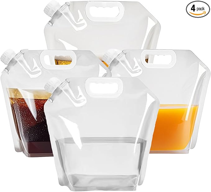 4 Pack Collapsible Water Jugs, 1.3/2.6 Gallon - Freezable, BPA Free Clear Plastic Water Bag with Handle for Outdoor, Camping, Emergency, Hiking - Leakproof Collapsible Water Container Bags(4 x 10L)