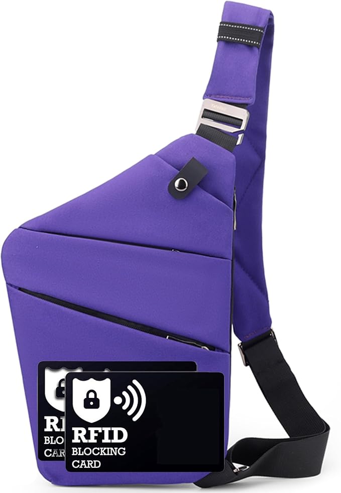 Anti Theft Crossbody Bags for Women Men, Multi-Pocket Shoulder Bag, Slim Sling Purse with 2 RFID Blocking Card (Right Shoulder-Viola)