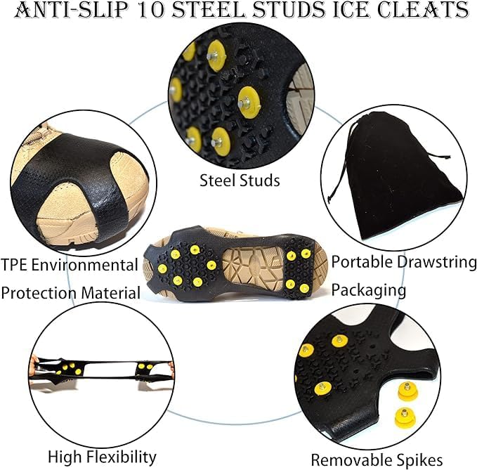 Ice Cleats Snow Crampons for Shoes and Boots 10 Studs Crampons Ice Grips Anit Slip Silicone Rubber Walk Traction Ice Cleats Slip-on Stretch Footwear Walking on Snow and Ice S/M/L/XL