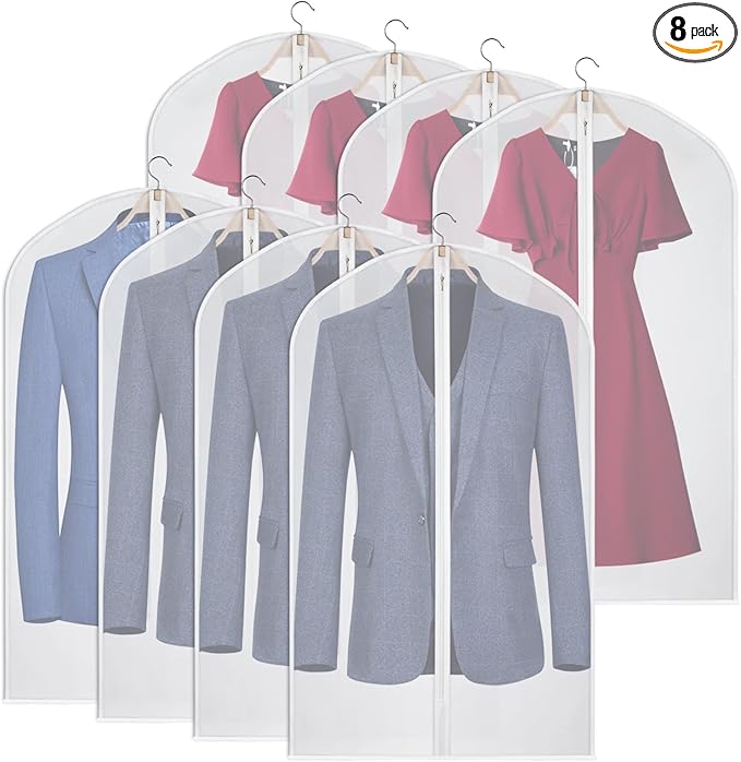 Garment Bags Clear Suit Bag for Closet Storage Set of 8 Hanging Clothes Dress Cover Bags Dust-Proof with Zipper for Suit, Coat, Dresses Clothes Storage-24” x40”