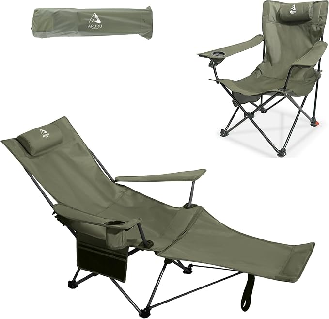 2-in-1 Reclining Camping Chair, Portable Folding Beach Lounge Chair with Footrest & Adjustable Backrest, Comfortable Lawn Chair for Adults Heavy Duty with Cup Holder for Outdoor Poolside Sports