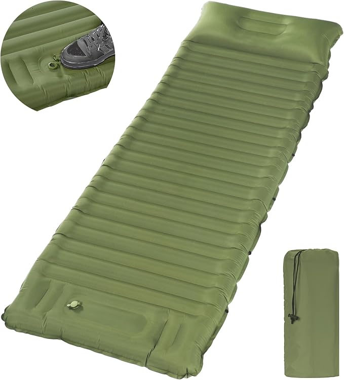 40D Self-Inflating Camping Pad, Insulated Ultralight Sleeping Mat for Backpacking, Winter Camping, 2-Layer Anti-Leak Design w/Built-in Pillow, Foot Pump Foldable Pad, Army Green
