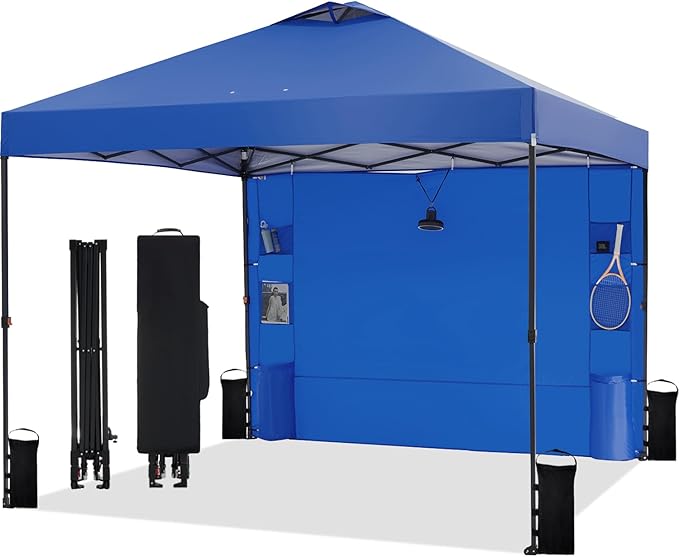 10'x10' Pop Up Canopy Tent with 1 Sidewall and 6 Pockets, One Push Setup, Instant Shade Tent with Vented Roof for Beach Patio Outdoor, Case, 8 Stakes, 4 Ropes, 4 Sandbags (Royal Navy, 10x10)