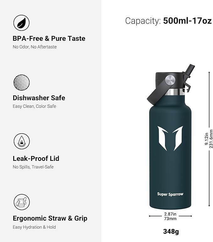 Super Sparrow Insulated Water Bottle - 17 Oz / 25 Oz / 32 Oz - Standard Mouth FlipFlow Flask - BPA Free, Leak Proof Drink Bottle- Ergonomic Straw Water Bottles for Work, Gym, Travel, Sports