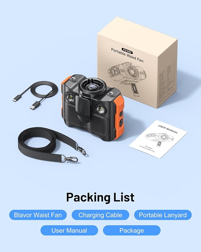 BLAVOR Portable Waist Fan, 5 Speeds Rechargeable Fan with Bluetooth Speaker & Flashlight, 40H Runtime, 16000RPM Strong Airflow, Personal Cool Clip Fans Under Shirt Belt for Outdoor, Work, Camping