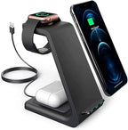 3-in-1 Magnetic Wireless Charger – Fast Charging Dock for iPhone, Apple Watch & AirPods – Foldable Stand with USB-C Cable (Black)