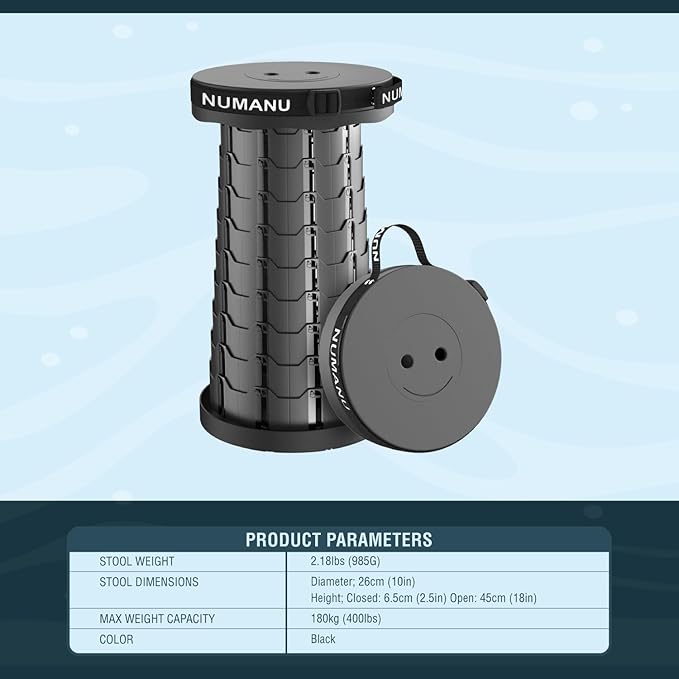 Portable Collapsible Stool, Lightweight & Sturdy, Adjustable Height Telescopic Folding Stool for Adults, Retractable Camping Chair, Telescoping Seat or Footrest for Home & Outdoors, 18"H Max 400lb