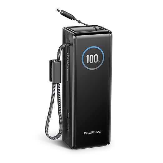 EF ECOFLOW Rapid Power Bank, 25,000mAh, 100W Built-in and Retractable Cables, 170W Portable Charger with Triple 100W USB-C Port, Compatible with iPhone Series, Samsung, Laptop and More, Black