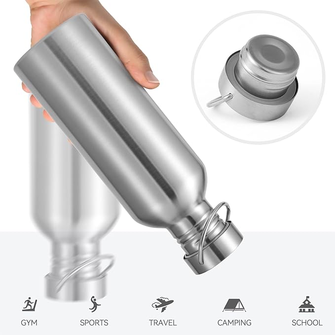 Volhoply 32oz Stainless Steel Water Bottle with Handle 2 Pack,Non Insulated Single Wall, Dishwasher Safe No Plastic 18/8 304 Metal Water Bottles with Wide Mouth for Camping, Hikers, Cyclists