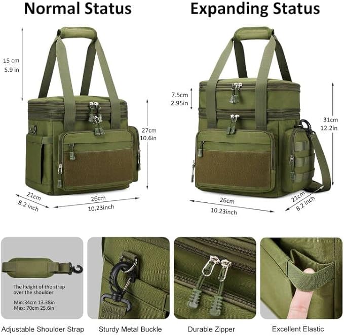 Large Tactical Lunch Box for Men, Insulated Lunch Bag Adult, Thermal Lunchbox Leakproof Waterproof Cooler Bag, Dual Compartment Lunch tote, Large Lunch Pail for Office Camping (Green)24L