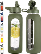 CIVAGO 40 oz Glass Water Bottle with Straw and Handle, Large Sports Motivational Water Bottle Flask with Time Marker and 2 Lids, Leakproof Water Jug Canteen with Silicone Sleeve for Gym,Army Green