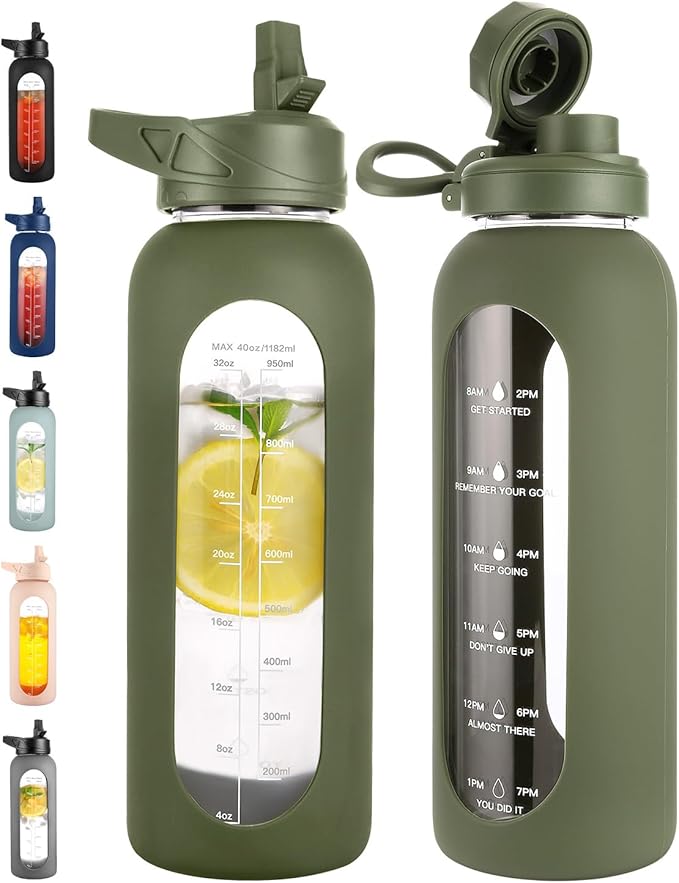 CIVAGO 40 oz Glass Water Bottle with Straw and Handle, Large Sports Motivational Water Bottle Flask with Time Marker and 2 Lids, Leakproof Water Jug Canteen with Silicone Sleeve for Gym,Army Green