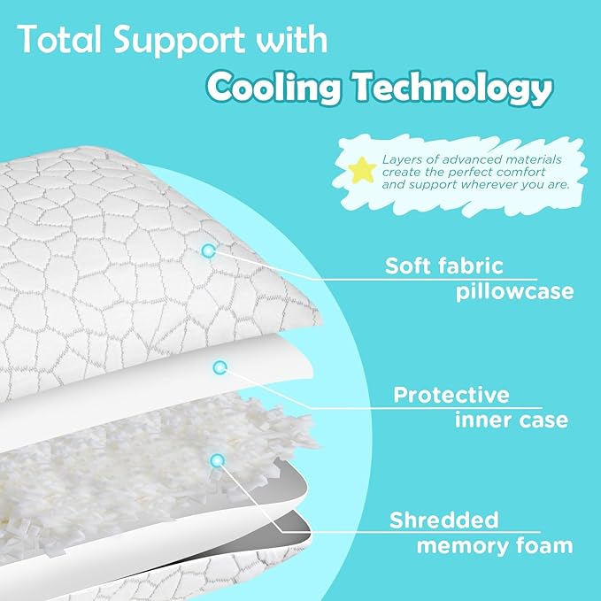 SUPA MODERN Cooling Bed Pillows for Sleeping 1 Pack Shredded Memory Foam Pillows Adjustable Cool Pillow for Side Back Stomach Sleepers Luxury Gel Pillows Toddler Pillow with Washable Removable Cover