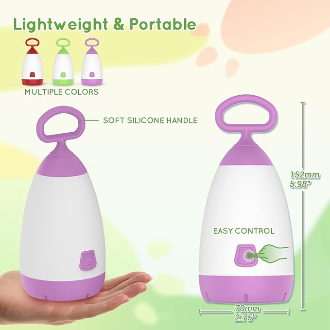 Kids Camping Lantern & Night Light Battery Powered (AAA Included), 360° Eye-Safe Light, IPX4 Waterproof with RGB Modes Portable for Outdoor, Emergency & Bedtime, Gift for Children (Purple)