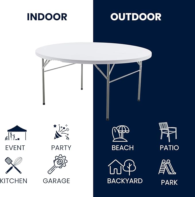 BTEXPERT Set of 2, White 5 Ft 60inch Round Plastic Folding Table Commercial Portable for Banquet Dining Wedding Party Events Home Kitchen Patio Backyard Indoor Outdoor