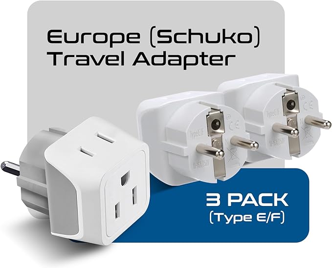 Ceptics Schuko Germany, France Plug Adapter, Dual Input - Ultra Compact Light Weight - Usa to Russia, South Korea Travel Adaptor Plug - Type E/F (3 Pack)